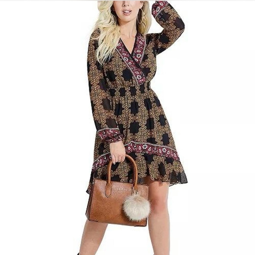 Guess Boho V-Neck Long Sleeve Dress in Black, Brown and Pink